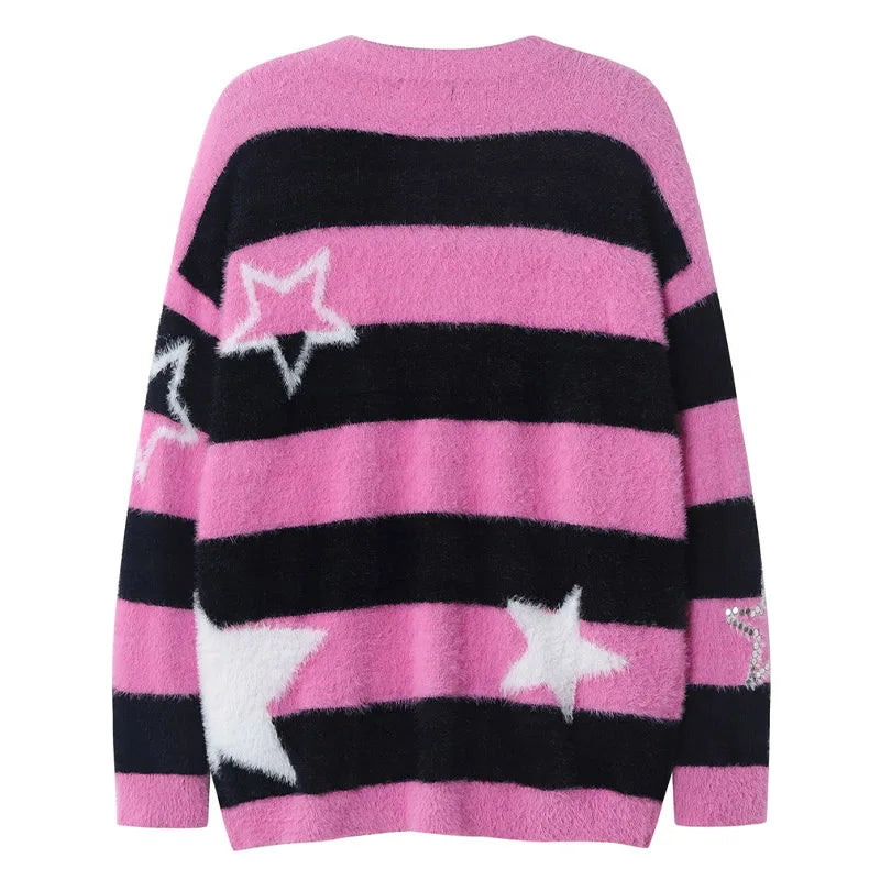 Men Sweater Rivet Stars Contrast Color Striped Jumper American Retro Loose Casual Pullover Harajuku O Neck Couple Knitwear Street King Limited