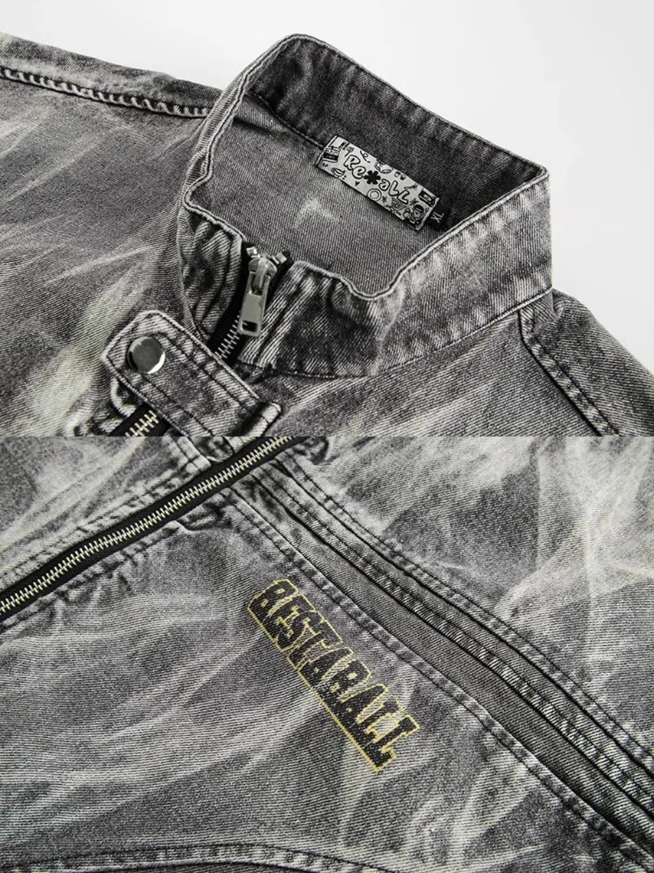 autumn high street washed denim jacket mens vintage graffiti printing stand collar motorcycle coats patchwork punk cowboy tops unique jeans style 3577