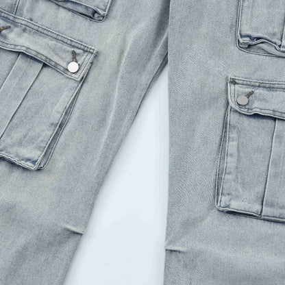2024 multi pocket jeans vintage mens harajuku cargo denim pants retro hip hop straight loose jean pants multi-pocket cargos