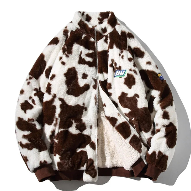 Men Lamb Wool Jacket Cow Spots Pattern Imitation Rabbit Furry Coat Oversized Stand Collar Zip-Up Windbreaker Gothic Streetwear Street King Limited