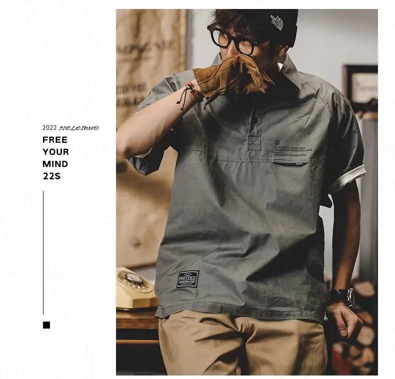 American Vintage Short-Sleeved T-Shirt Men's Summer Vintage Workwear Polo Shirt Loose And Versatile Five-Quarter Sleeve Top Street King Limited