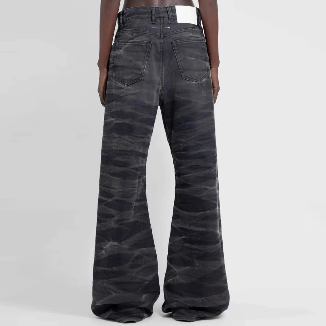 streetwear washed water wave patterned micro flared jeans for men straight pantalones hombre casual baggy denim trousers urban skinny jeans