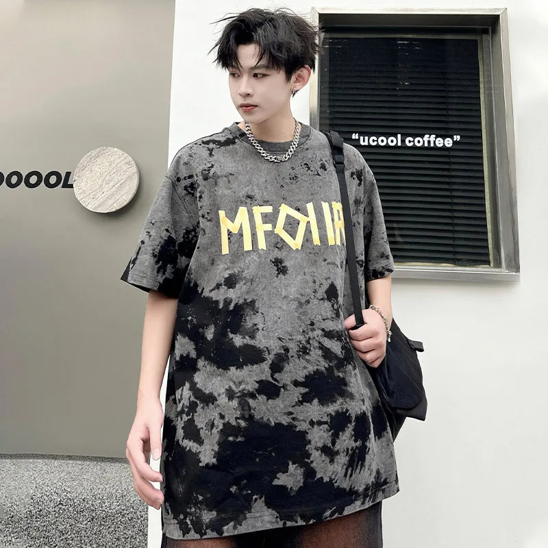 Men Tie Dye Oversized T Shirts Harajuku Rap Hip Hop Music Short Sleeve T Shirt High Street Couple Tees Tops 3 Colors Optional Street King Limited