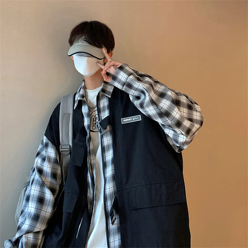 Streetwear New Fake Two Piece Zip Plaid Cargo Shirts Mens Japanese Streetwear Fas 2024 New Fake Two Piece Zip Plaid Cargo Shirts Mens Japanese Streetwear Fashion Social Shirt Autumn Long Sleeve Baggy Y2K Shirt Fashion Sweater Jacket With Graphic Design For Men