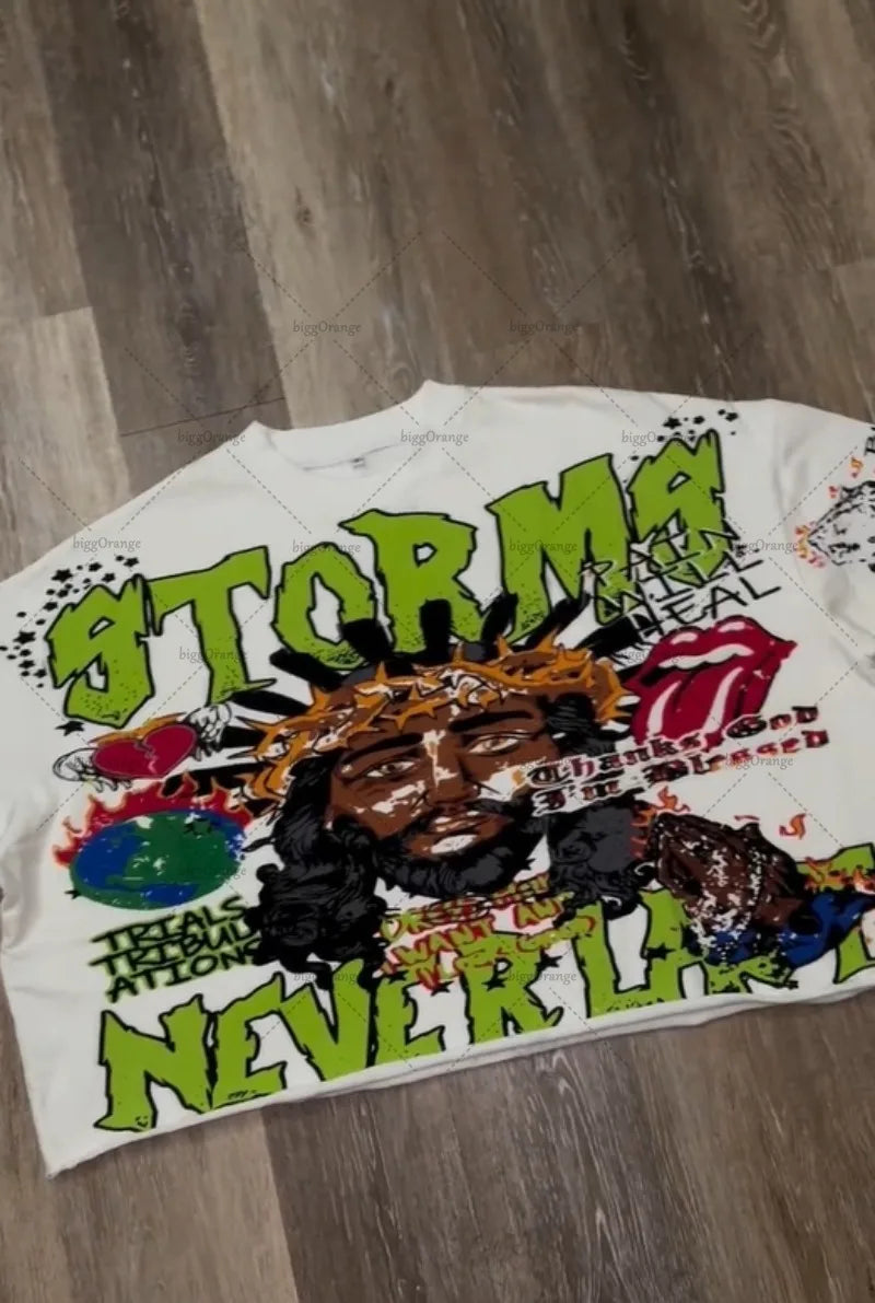 Gothic Punk Style Graphic T-shirt Harajuku Retro High Street Cross Print Top Men Hip-hop Cotton Casual Loose Trend Streetwear Street King Limited