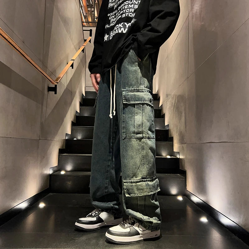 Washed Distressed Cargo Pants High Street Style Men's Jeans Side Pockets Denim Wide-leg Trousers Casual Loose Trousers Street King Limited