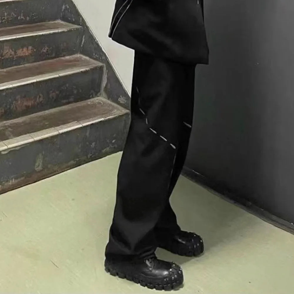 Men High Street Simple Hit Color Line Print Patch Pants Straight Oversized Special Waist Black Sweatpant Fashion Sports Pants Street King Limited