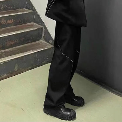 Men High Street Simple Hit Color Line Print Patch Pants Straight Oversized Special Waist Black Sweatpant Fashion Sports Pants Street King Limited