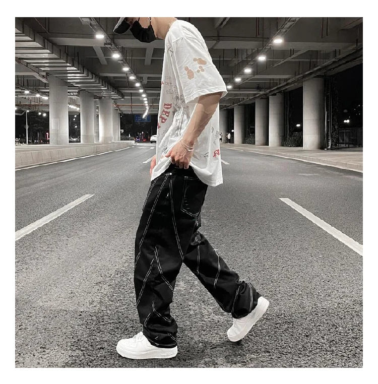 fashion design lines denim jeans mens zipper loose straight trousers hip hop new casual streetwear pants joggers baggy jeans unique joggers style 422