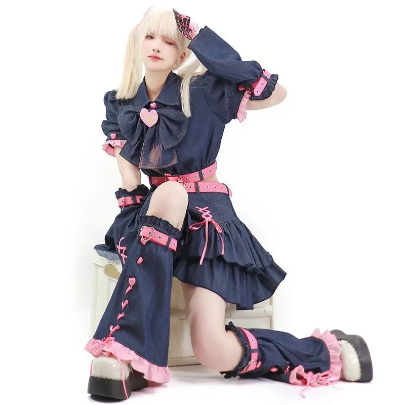 Y2K Set Sweetheart Spicy Girl dress skirt sets Women's 2023 Summer Bubble Sleeve Bowtie Campus Style 2 piece sets womens outfits Street King Limited