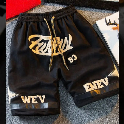Suede Shorts Men 2024 Summer Men's High Street Letter Print Loose Five-point Pants Straight Simple fashion American basketball s Street King Limited