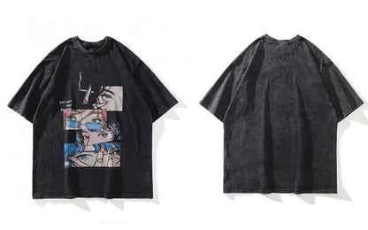 Distressed Oversize T Shirt Streetwear Japanese Anime Eyes Print Retro Tshirt 2023 Hip Hop Casual Cotton Loose T-Shirt Black Street King Limited