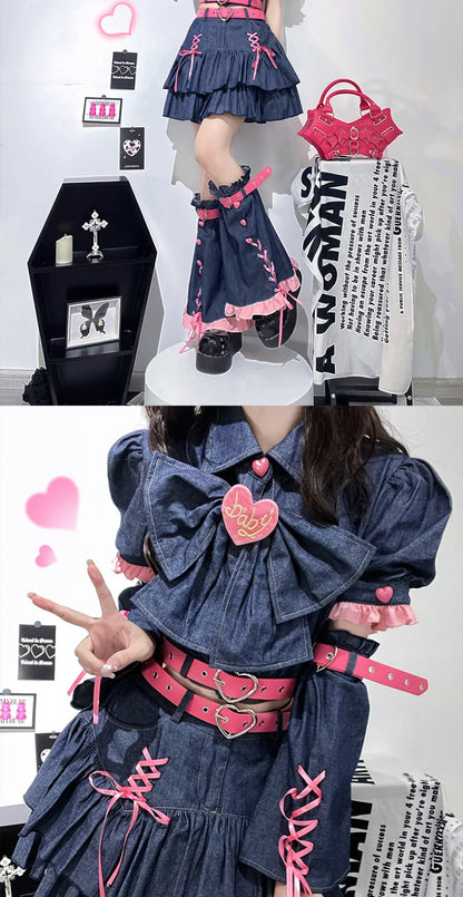 Y2K Set Sweetheart Spicy Girl dress skirt sets Women's 2023 Summer Bubble Sleeve Bowtie Campus Style 2 piece sets womens outfits Street King Limited