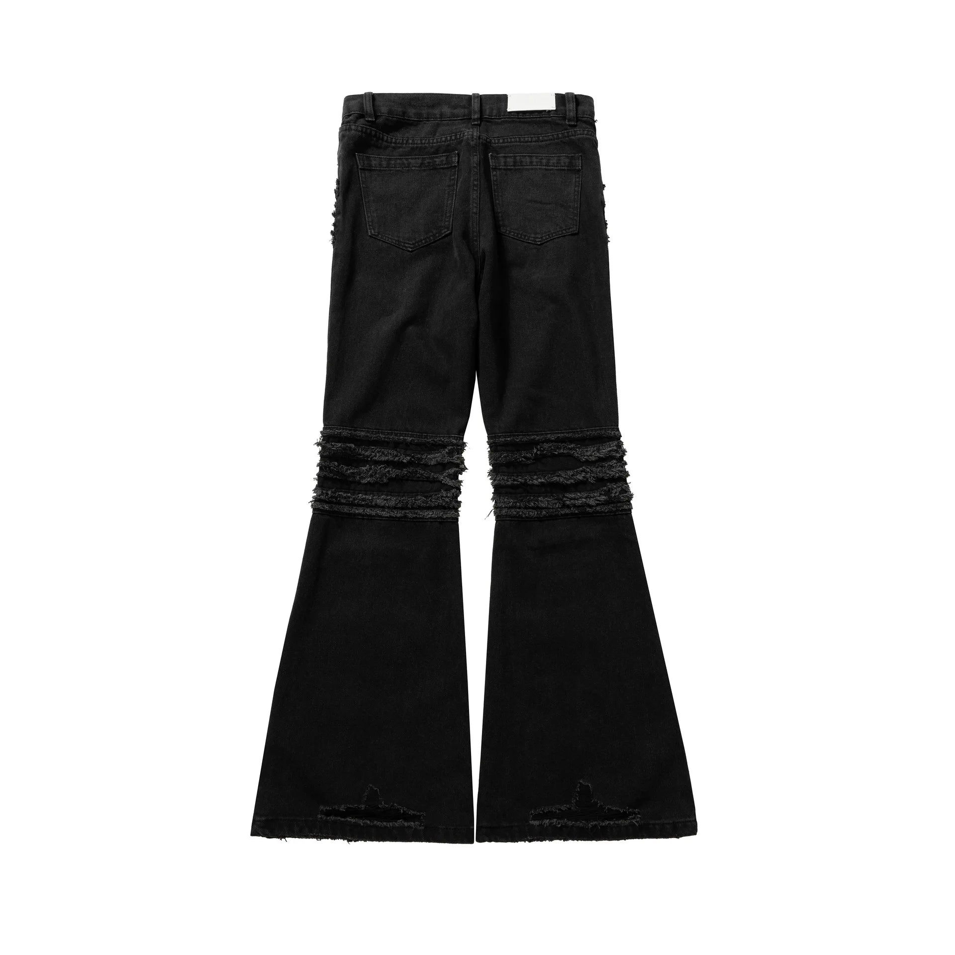 y2k streetwear trendy oversized micro flare jeans black ro hip hop washed tassel distressed denim jean raw edge mens wide pants unique jeans style 4783