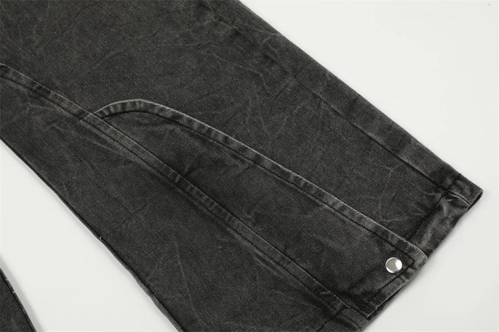 american high street vibe fashion splice jeans mens belt loose casual vintage wide leg straight denim baggy jeans pants trouser unique jeans style 1377