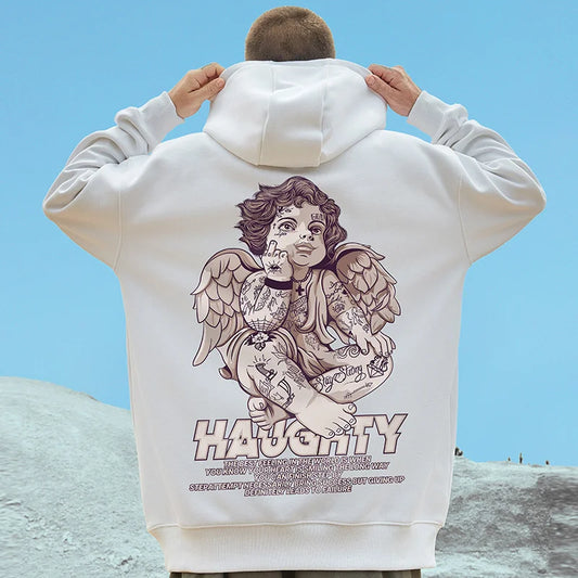 Autumn Haughty Angel Graphic Fleece Hoodies For Men Oversized Retro Loose Hoody Sweatshirts American Streetwear Y2K Clothes Street King Limited