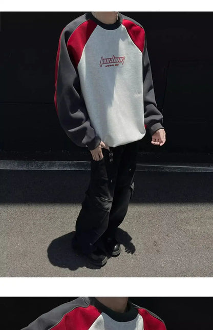 Trendy Personality Korean Motorcycle Style Round Neck Sweatshirt Men 2024 Spring Autumn Niche Contrasting Color Pullover Hot Top Street King Limited
