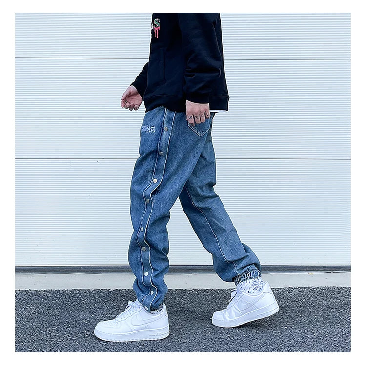 washed distressed denim sweatpant cashew flower patchwork oversized splice buckle jogging jeans casual button baggy men clothing unique joggers style 3356