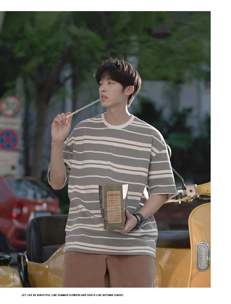 Japanese Striped Short-Sleeved Men's Summer Loose Three-Quarter Sleeve T-Shirt Trendy Casual Versatile Student Couple T-Shirt Street King Limited
