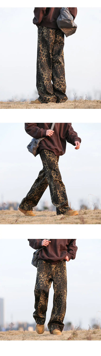 Leopard Print Jeans Men Fashion Retro Wide Leg Jeans Men Streetwear Hip-hop Loose Straight Jeans Mens Vintage Denim Trousers Street King Limited