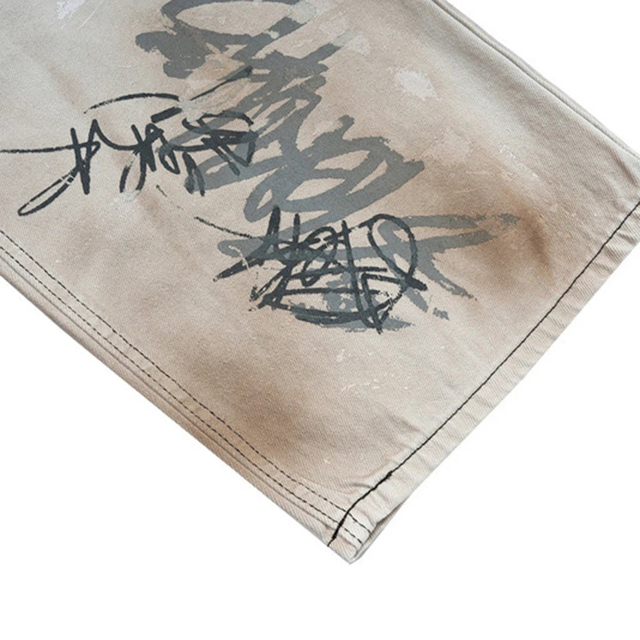 men hip hop baggy jeans graffiti printed loose straight denim pants dirty washed streetwear fashion jeans trousers white unique jeans style 680