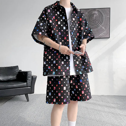 Summer Sets Men Fashion Short Sleeved Shirt Shorts Two-piece Men Korean Loose Hollow Out Set Mens Short Sets Plus Size M-5XL Street King Limited