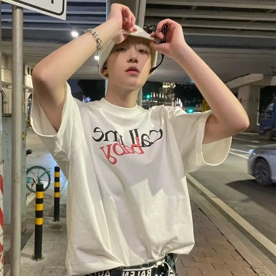 Summer men Korean retro fun printed half sleeved T shirt Fashion simple y2k couple personality hip hop loose round neck top Street King Limited