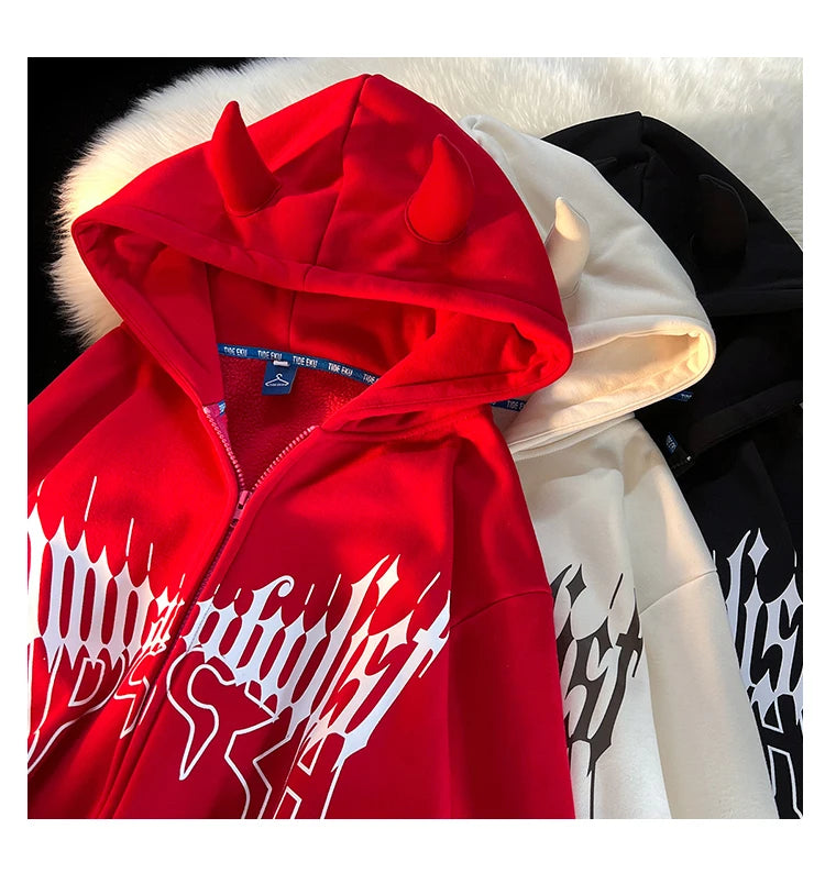 Y2K Kawaii Devil Horn Tail Hip Hop Badge Print Hoodies Cardigan Couples Street Loose Casual Zip Up Sweatshirt Harajuku Clothes Street King Limited