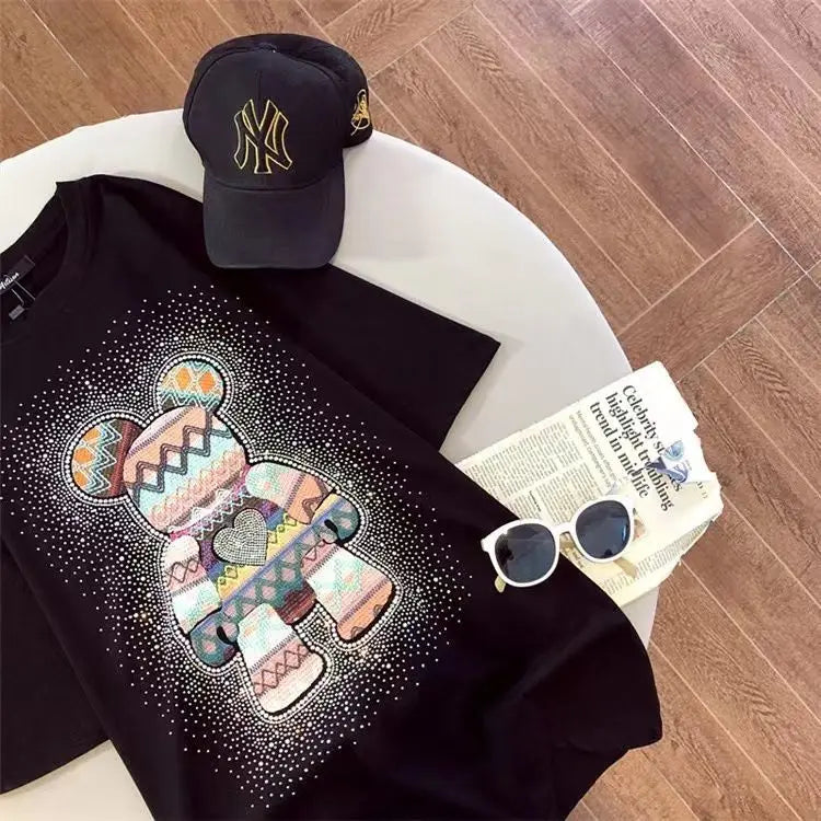 Chic Diamonds Bear Embroidery Cute T Shirts 5XL Oversized Loose Summer Cotton Y2k Tops Japan Kawaii Harajuku White Graphic Tee Street King Limited