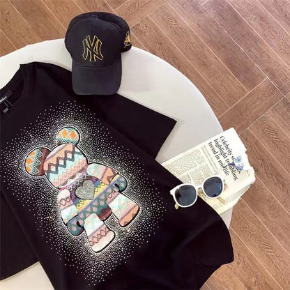 Chic Diamonds Bear Embroidery Cute T Shirts 5XL Oversized Loose Summer Cotton Y2k Tops Japan Kawaii Harajuku White Graphic Tee Street King Limited