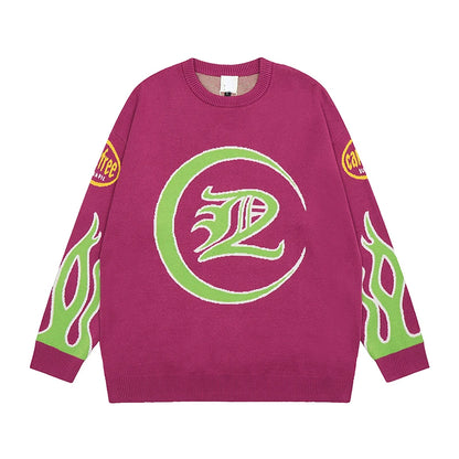 Hip Hop Knitted Sweater Men Letter Fire Pattern O-neck Pullover Streetwear Casual Loose Sweater Unisex Harajuku Jumpers Knitwear Street King Limited