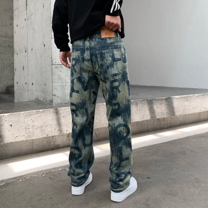 men loose casual american high street hip hop vibe printed denim baggy jeans pants man streetwear ripped jeans trousers ripped baggy denim