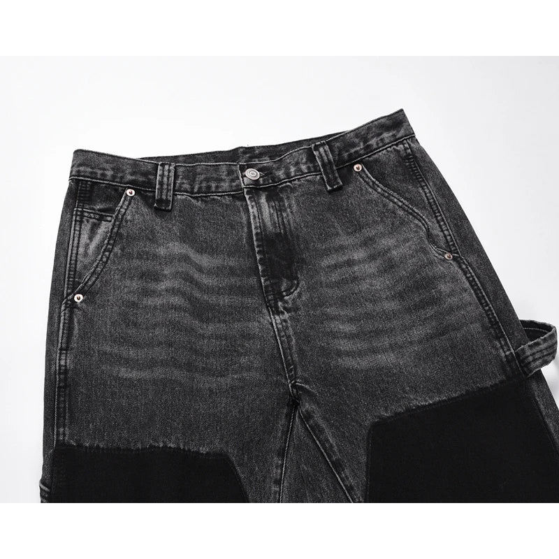 patchwork graffiti black straight denim pants mens vintage patches stitching ink splashed jeans y2k logging cargo pants for male utility cargo pants