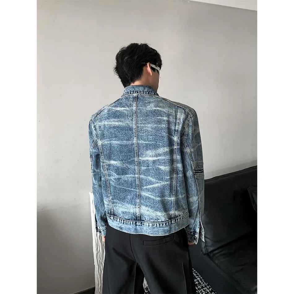 vintage washed mens denim jacket heavy weight high street contour pleat design cowboy coats short motorcycle hip hop outwear unique jeans style 3698