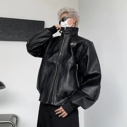punk leather jacket mens spring standing collar trendy high street coats y2k streetwear hip hop motorcycle outwear 2024 new unique default style 2252