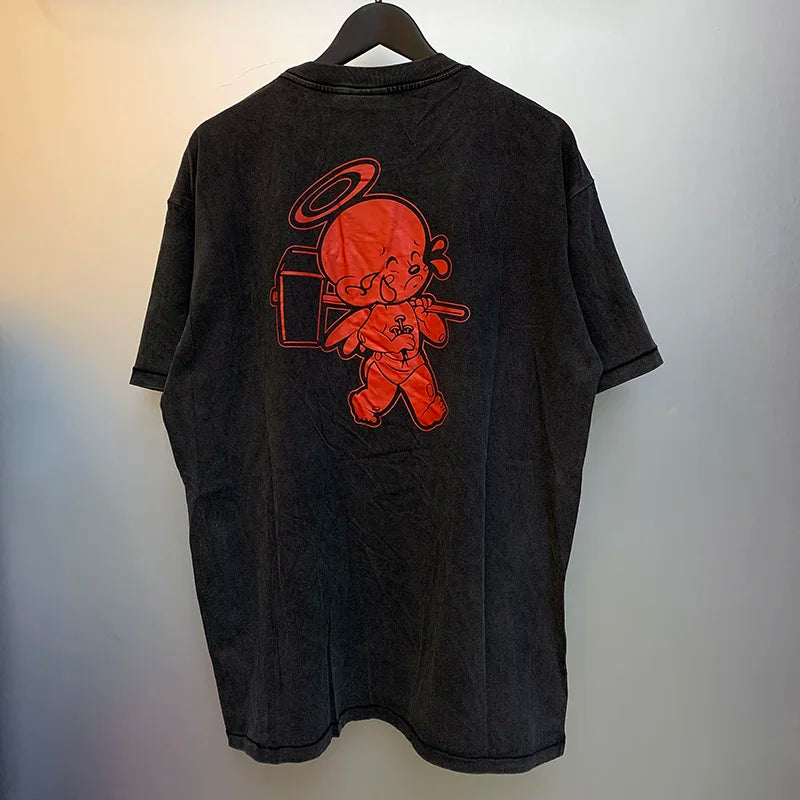 2024ss Sheep Lion Head Printing T Shirt Michael Men Woman Good Quality Vintage Wash Black O-Neck Loose Casual Tops Tee Street King Limited