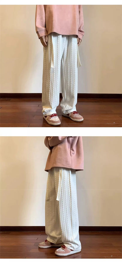 autumn waffle foam striped design pants for men new high street wide leg straight trousers casual y2k vintage pantalones hombre unique default style 104