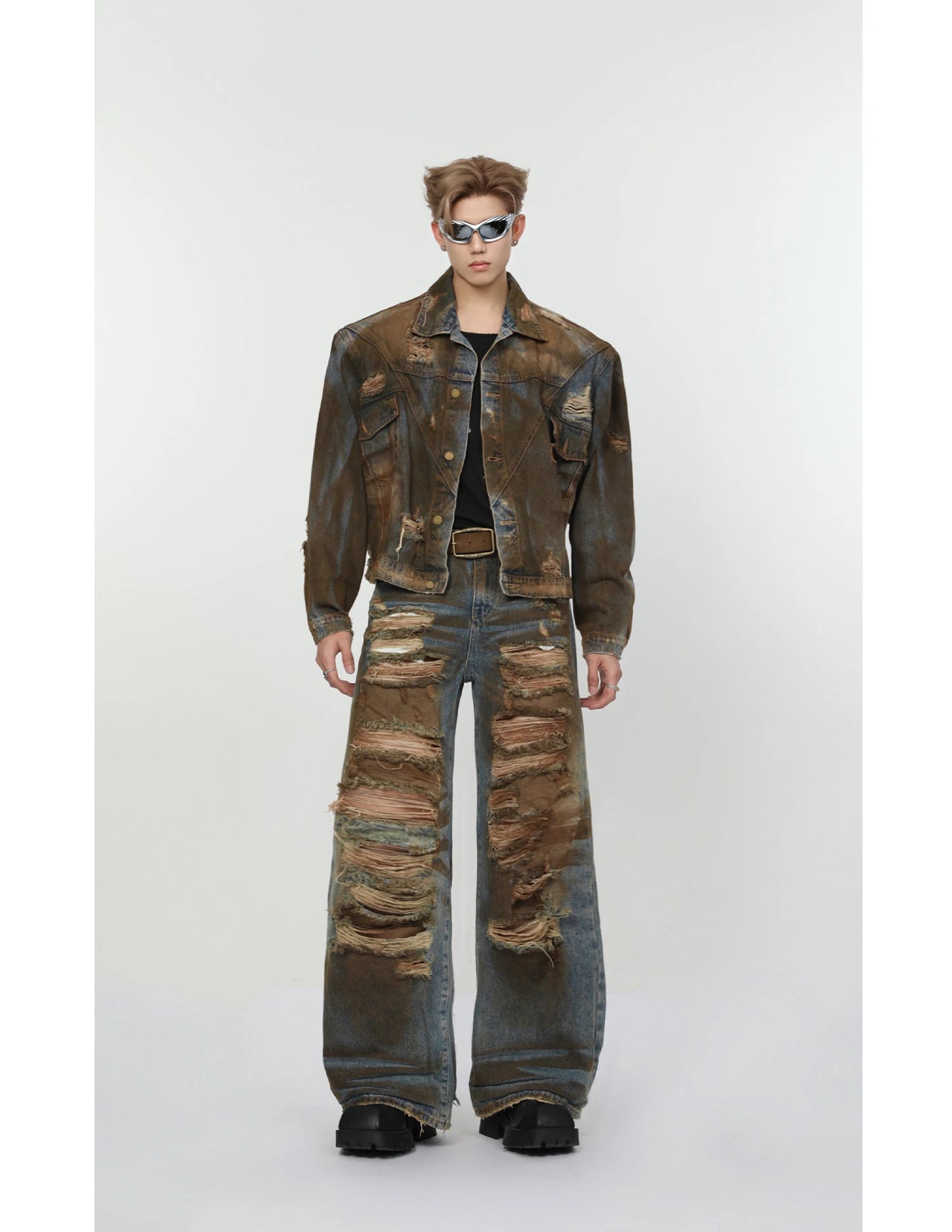 2 pieces sets mens dirty graffiti wide shouder denim jeans jacket coat and ripped holes wide legs pants joggers streetwear sets unique joggers style 3542