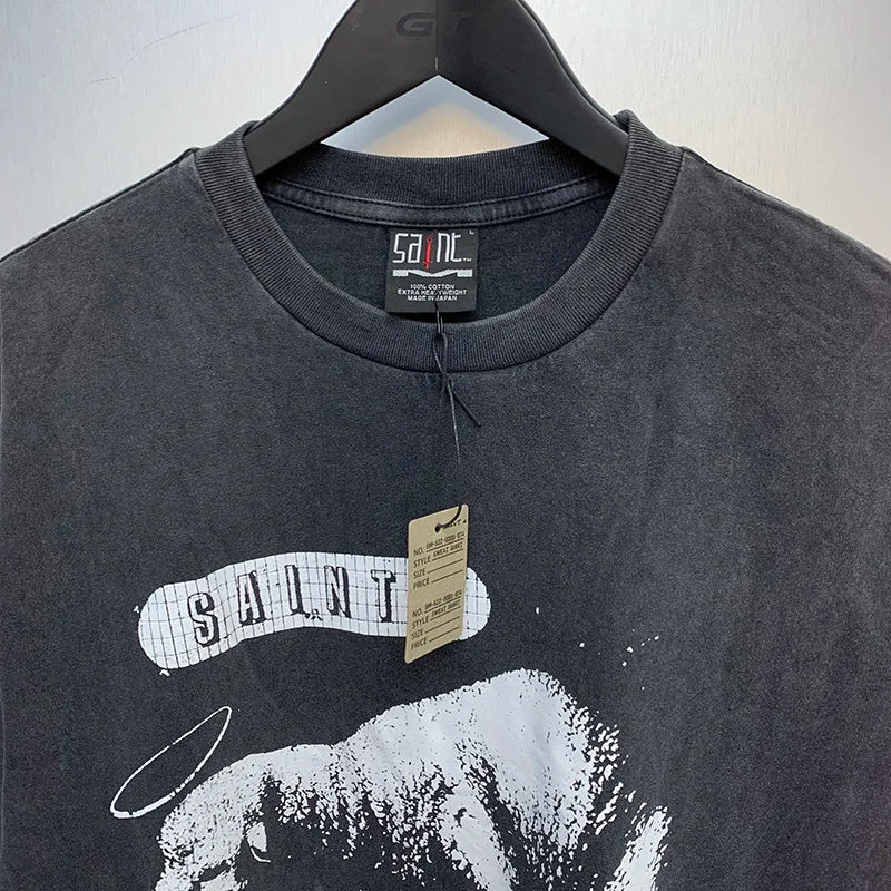 2024ss Sheep Lion Head Printing T Shirt Michael Men Woman Good Quality Vintage Wash Black O-Neck Loose Casual Tops Tee Street King Limited