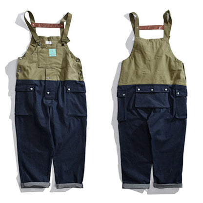2023 summer cargo overalls pants men patchwork denim jumpsuits loose work pants solid color casual streetwear cargo trousers unique cargo style 4320