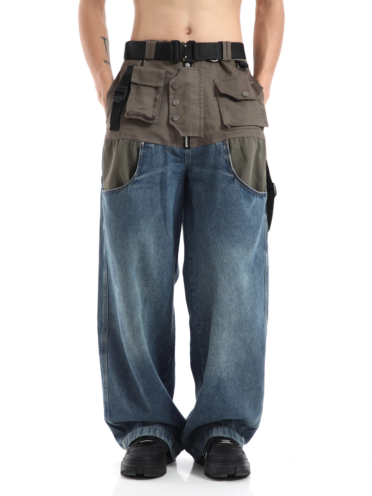 high street cargo pocket patchwork denim jeans pants unisex fashion loose wide leg straight functional tactics pants joggers men unique joggers style 741