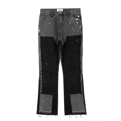 y2k spliced speckled ink patchwork baggy micro flare jeans pants for men streetwear pantalones hombre casual oversized cargos unique cargo style 3457