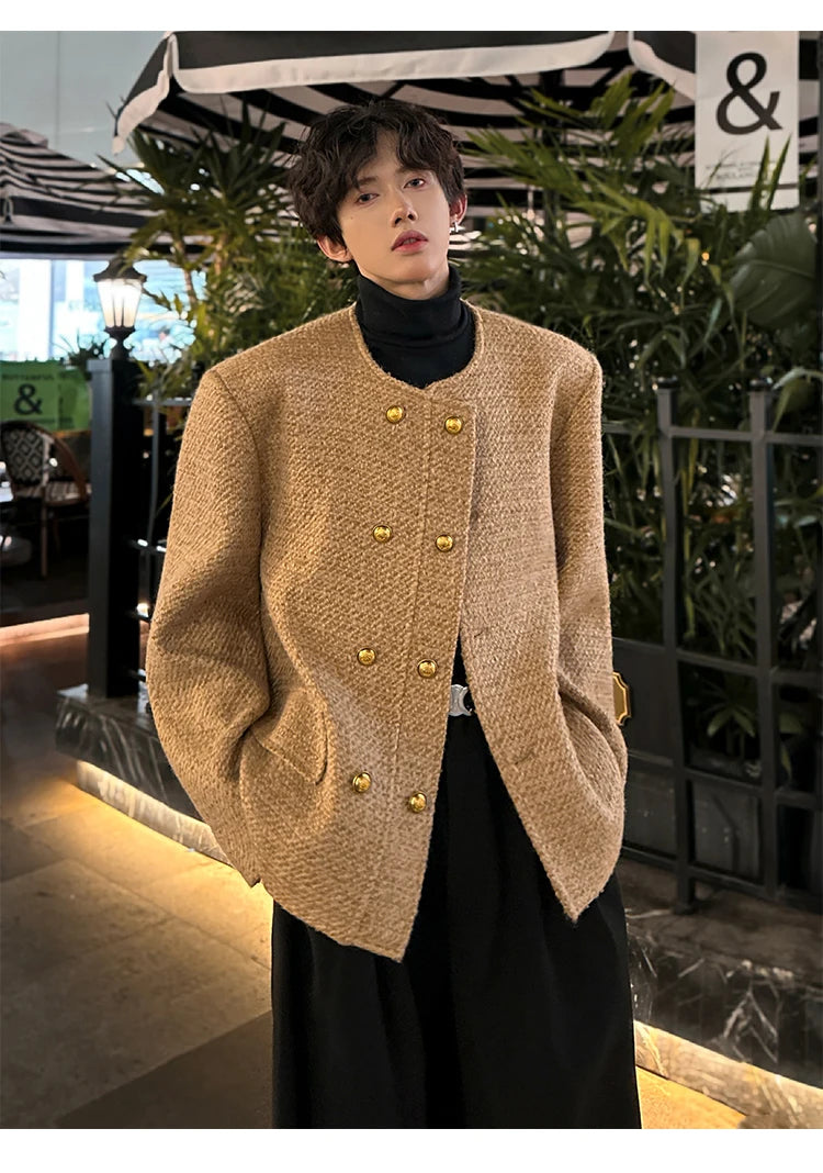 men double breasted french retro loose casual woolen short jacket man korean streetwear show fashion coat autumn outerwear unique shorts style 1305