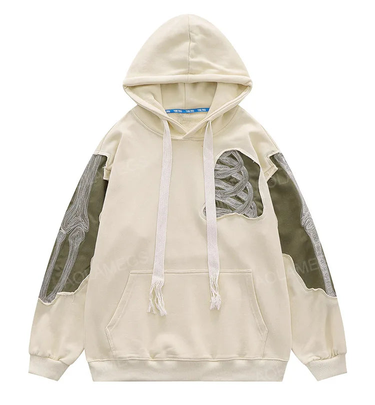Aolamegs Men Streetwear Hip Hop Hoodie Funny Skull Ripped Patchwork Embroidery Long Sleeves Pullover Autumn Casual Harajuku Tops Street King Limited