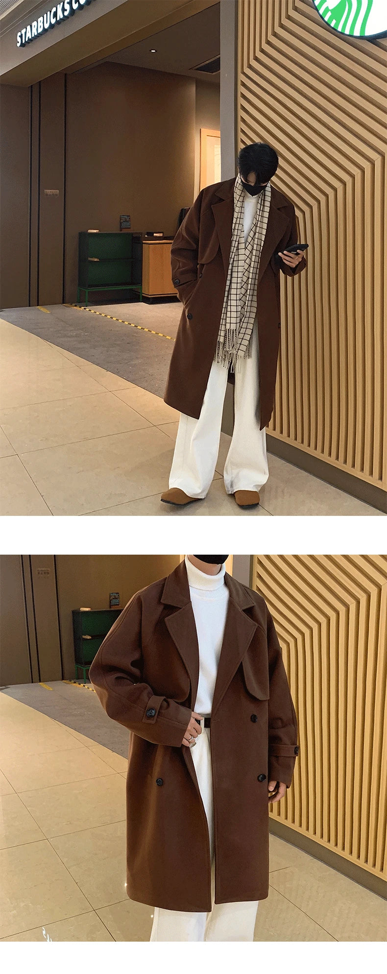 Men's Autumn Winter Mid Length Woolen Coat New Korean Tide Black Thickned Overcoat Long Sleeve Double-breasted Jackets Street King Limited