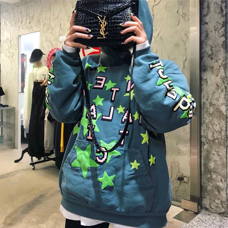 High Street Letter Foam Stars Print Men's and Women's Fleece Hoodie Retro Autumn and Winter Casual Pullover Hooded Sweatshirts Street King Limited