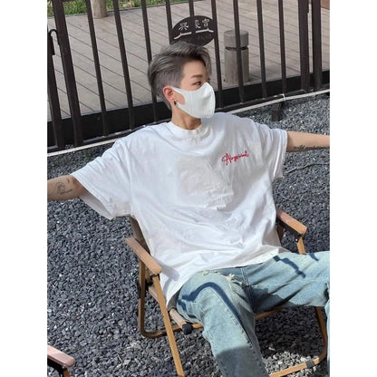 Summer Korean Boys Retro Short-sleeved T-shirt American Personality Street Y2K Hip-hop 2024 White Loose Niche Half-sleeved Top Street King Limited