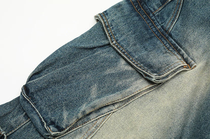 streetwear side pockets pleated washed blue jeans unisex straight baggy y2k denim pants ropa hombre casual cargo pants oversized unique cargo style 5213