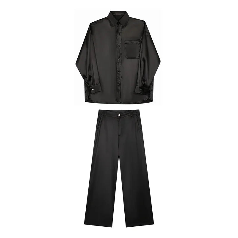 men silk style streetwear fashion loose casual long sleeve shirts pants 2 pieces sets male vintage suits blouses trousers unique default style 2737