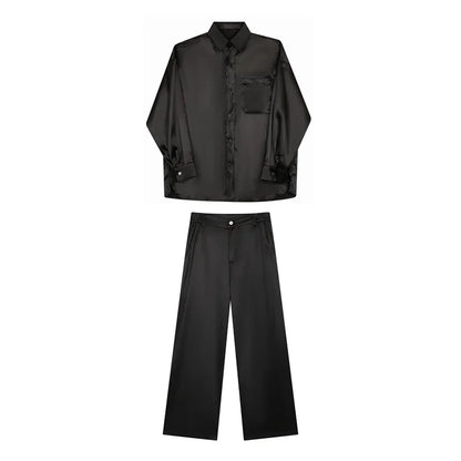 men silk style streetwear fashion loose casual long sleeve shirts pants 2 pieces sets male vintage suits blouses trousers unique default style 2737